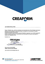 Сертификат подтверждающий дистрибьюторские полномочия Creaform. GLOBATEK 3D
